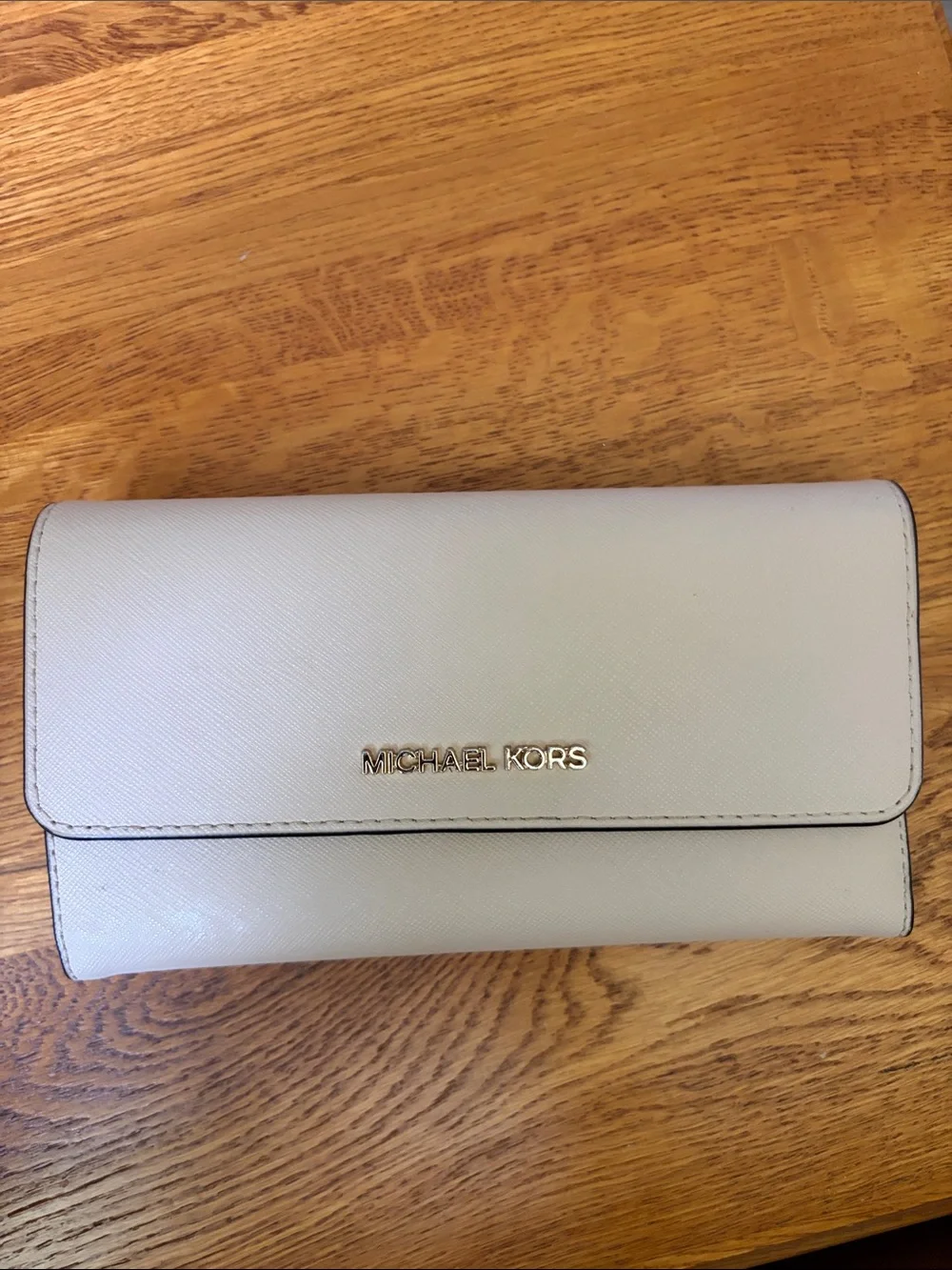 Michael Kors Light Cream Saffiano Leather Continental Wallet with Gold Logo